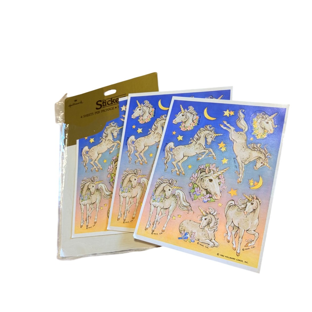 Vintage 1982 Hallmark Unicorn Stickers 3 Sheets Retro Fantasy Stationery Stars